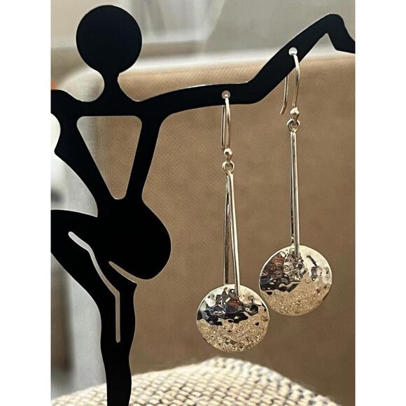 Vintage Modern Hammered Sterling Silver ATI Circle Disc Drop Dangle Earrings 2.5 - Picture 3 of 8